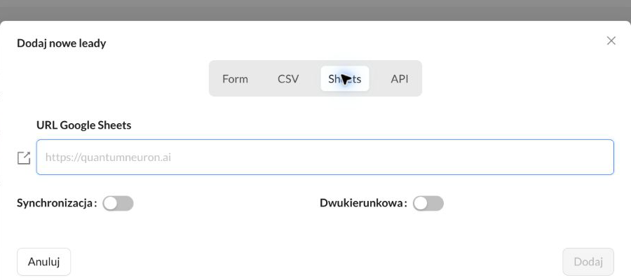 Okno dodawania leadów z Google Sheets