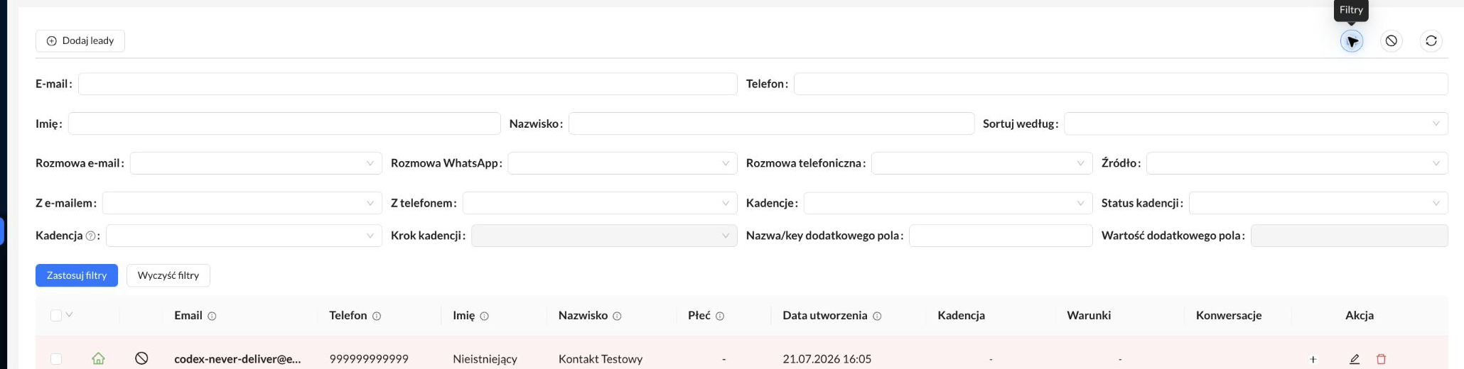 Panel filtrów Grupy Neuron Leads bez danych kontaktowych