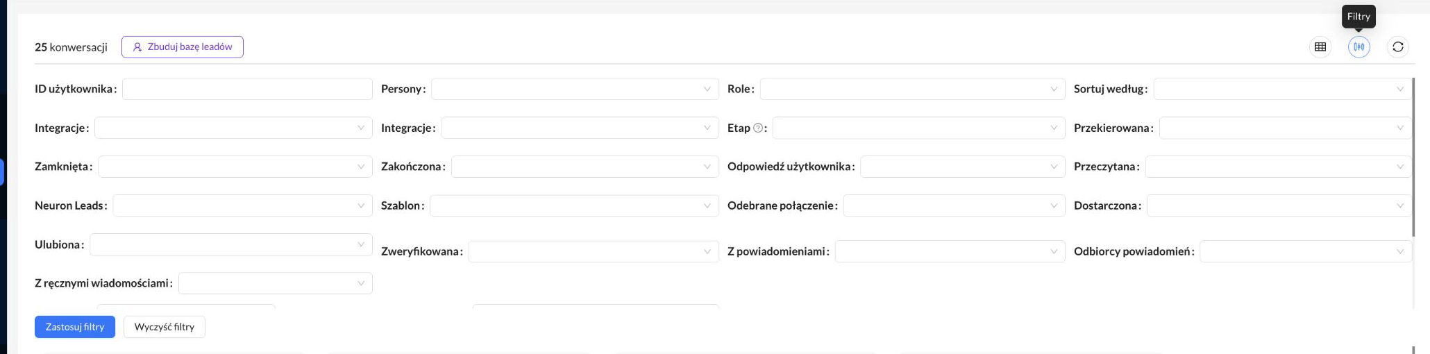 Panel filtrów Konwersacji z filtrami Neuron Leads, Szablon i Zakres dat