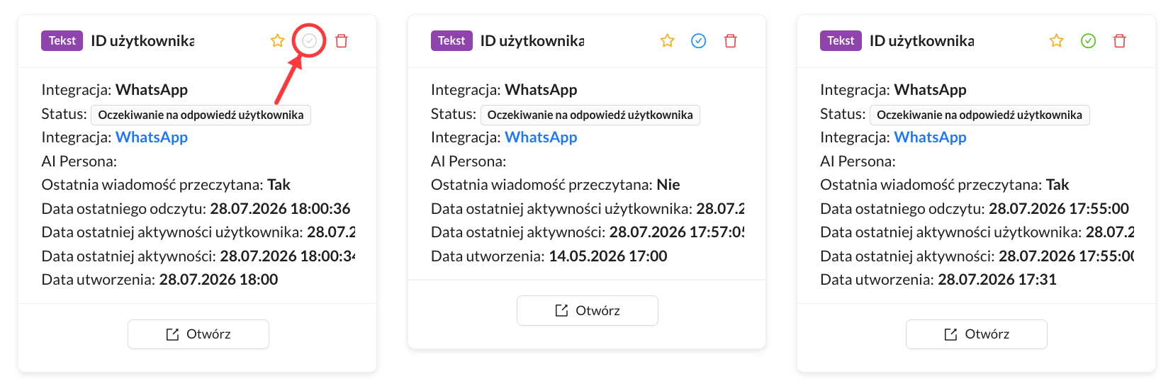 Panel Konwersacji ze wskazanym szarym znacznikiem