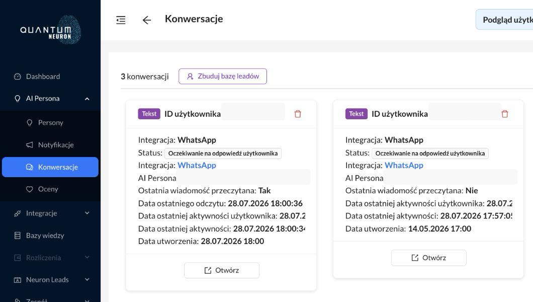 Szerszy widok dashboardu z menu AI Persona i aktywną pozycją Konwersacje