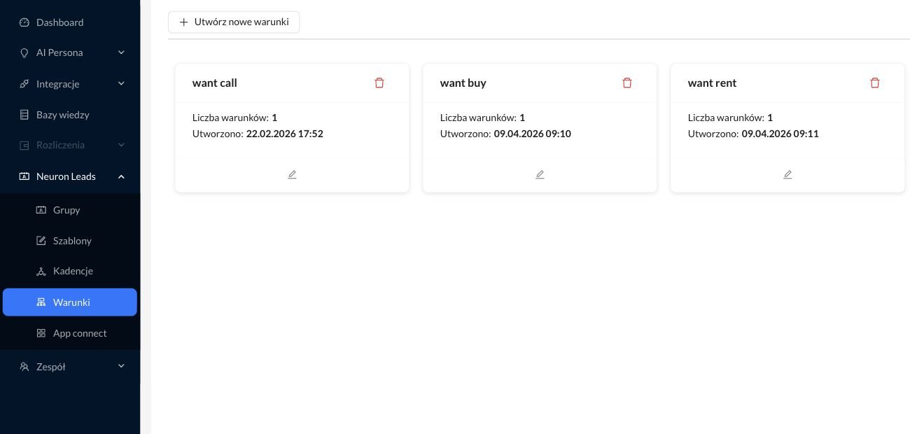 Menu Neuron Leads z aktywną pozycją Warunki oraz lista grup Warunków