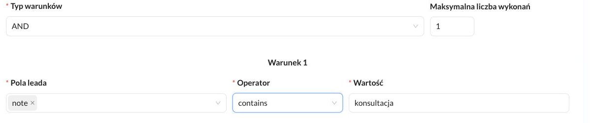 Kompletna reguła z polem note, operatorem contains i wartością konsultacja