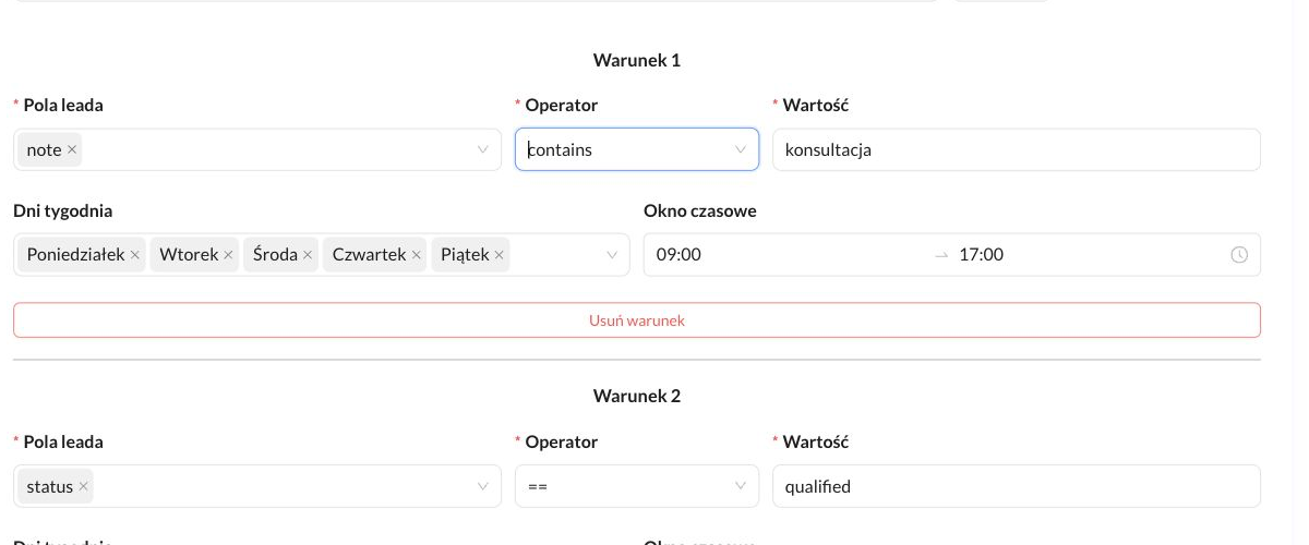 Formularz grupy Warunków z dwiema osobnymi regułami