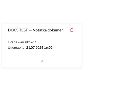 Przykładowa karta zapisanej grupy testowej z liczbą Warunków i ikonami akcji