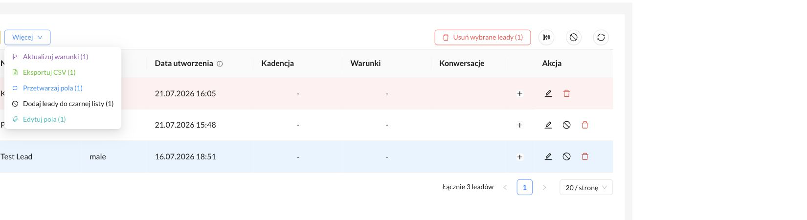 Jeden zaznaczony lead oraz menu Więcej z akcją Aktualizuj warunki