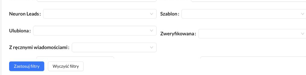 Panel filtrów Konwersacji z polami Neuron Leads i Szablon