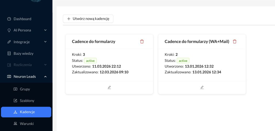Menu Neuron Leads z aktywną pozycją Kadencje oraz lista zapisanych Kadencji