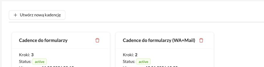 Przycisk Utwórz nową kadencję nad listą zapisanych Kadencji