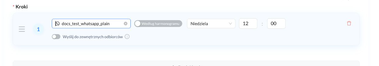 Pierwszy krok Kadencji z wybranym testowym Szablonem WhatsApp