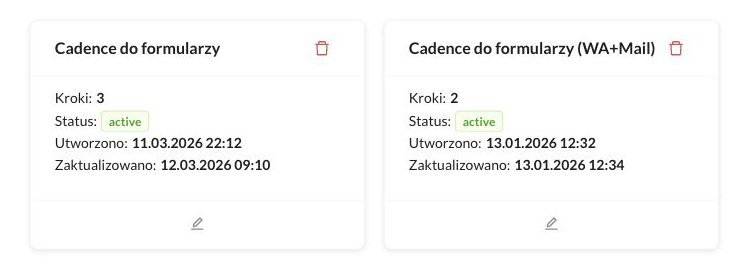 Karta zapisanej Kadencji z nazwą, liczbą kroków, statusem i ikoną edycji