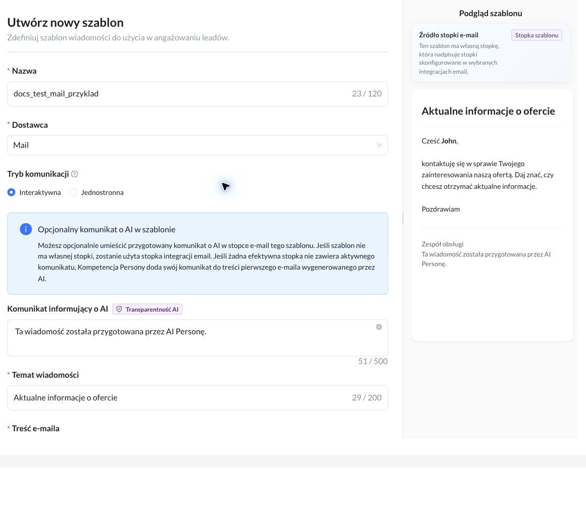 Pole Temat wiadomości oraz podgląd gotowego e-maila