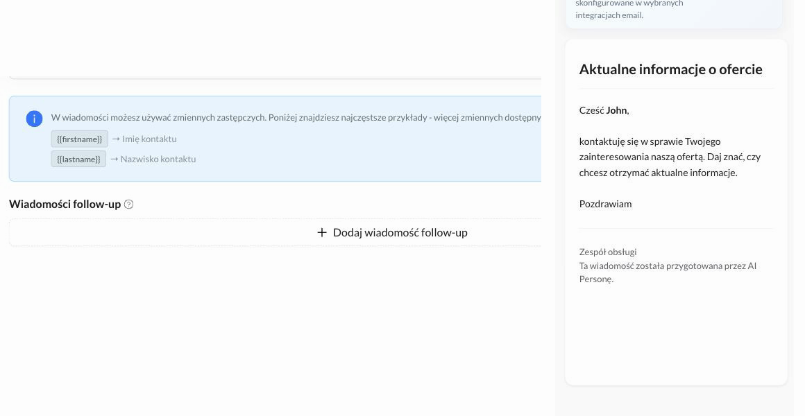 Lista dostępnych zmiennych oraz podgląd e-maila po podstawieniu przykładowych danych
