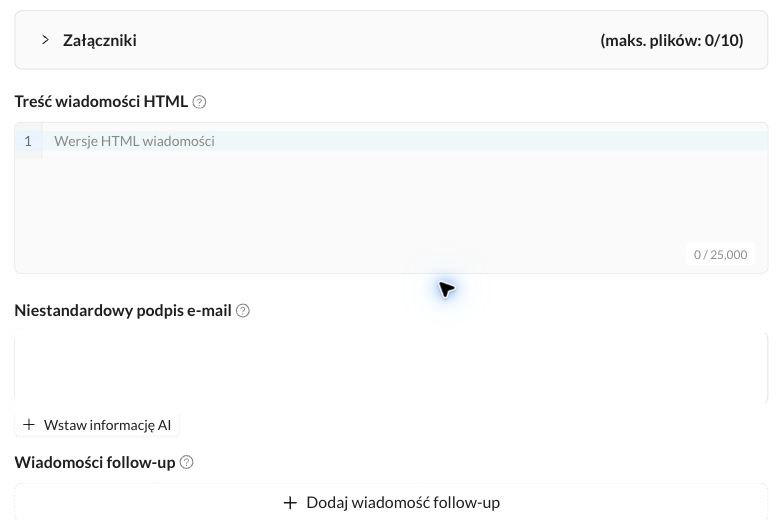 Opcjonalne pola Mail: załączniki, treść HTML, podpis i follow-up
