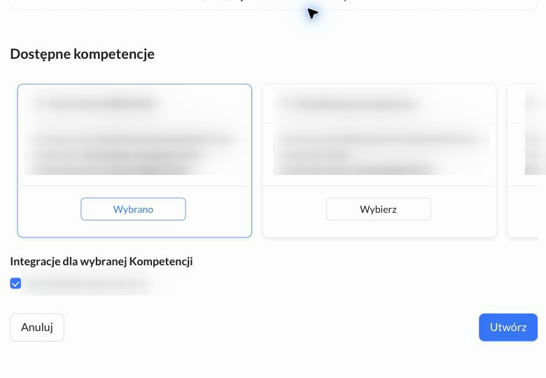 Wybrana Kompetencja i integracja Mail z zamaskowanymi danymi oraz aktywny przycisk Utwórz
