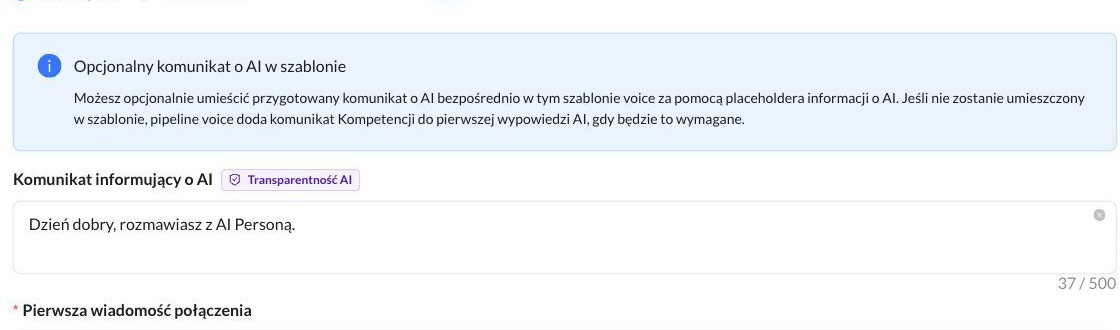 Pole Komunikat informujący o AI w formularzu Szablonu Voice