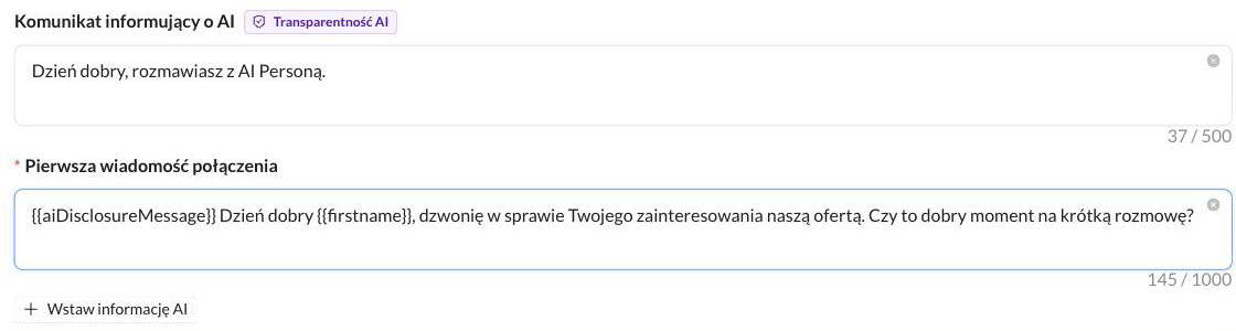 Pole Pierwsza wiadomość połączenia w formularzu Szablonu Voice