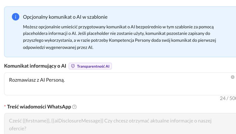 Pola Komunikat informujący o AI i Treść wiadomości WhatsApp