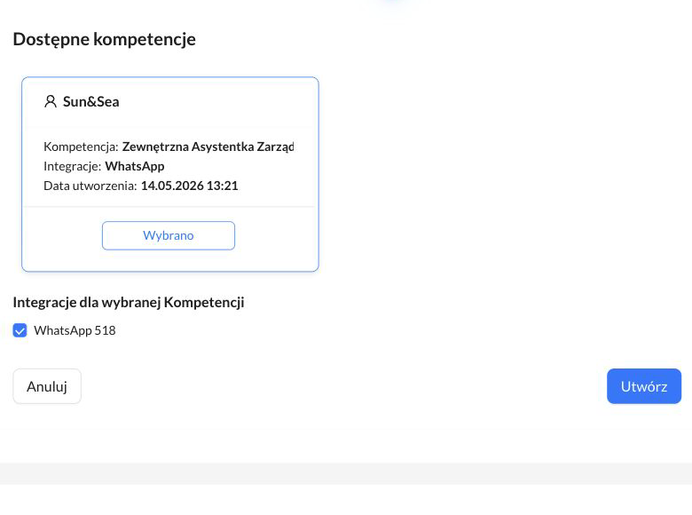 Wybrana Kompetencja i integracja WhatsApp w formularzu Szablonu; wartości konfiguracji zanonimizowane