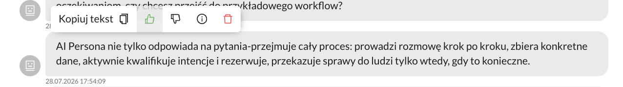 Wiadomość Persony z zaznaczonym kciukiem w górę
