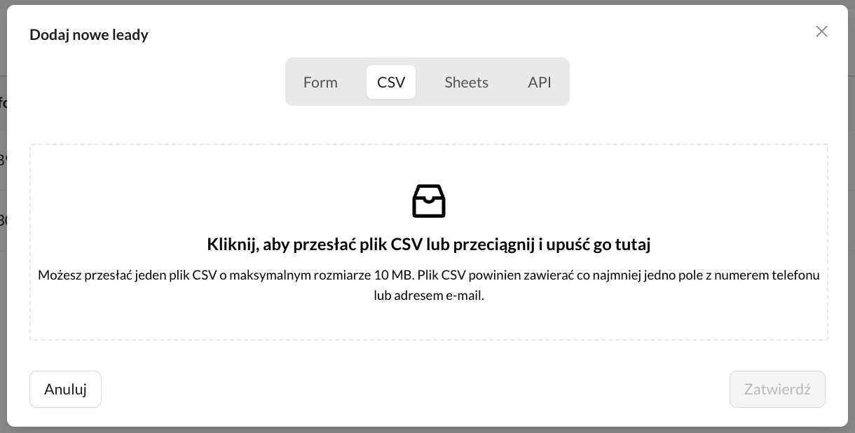 Okno Dodaj nowe leady z aktywną zakładką CSV i polem przesyłania pliku