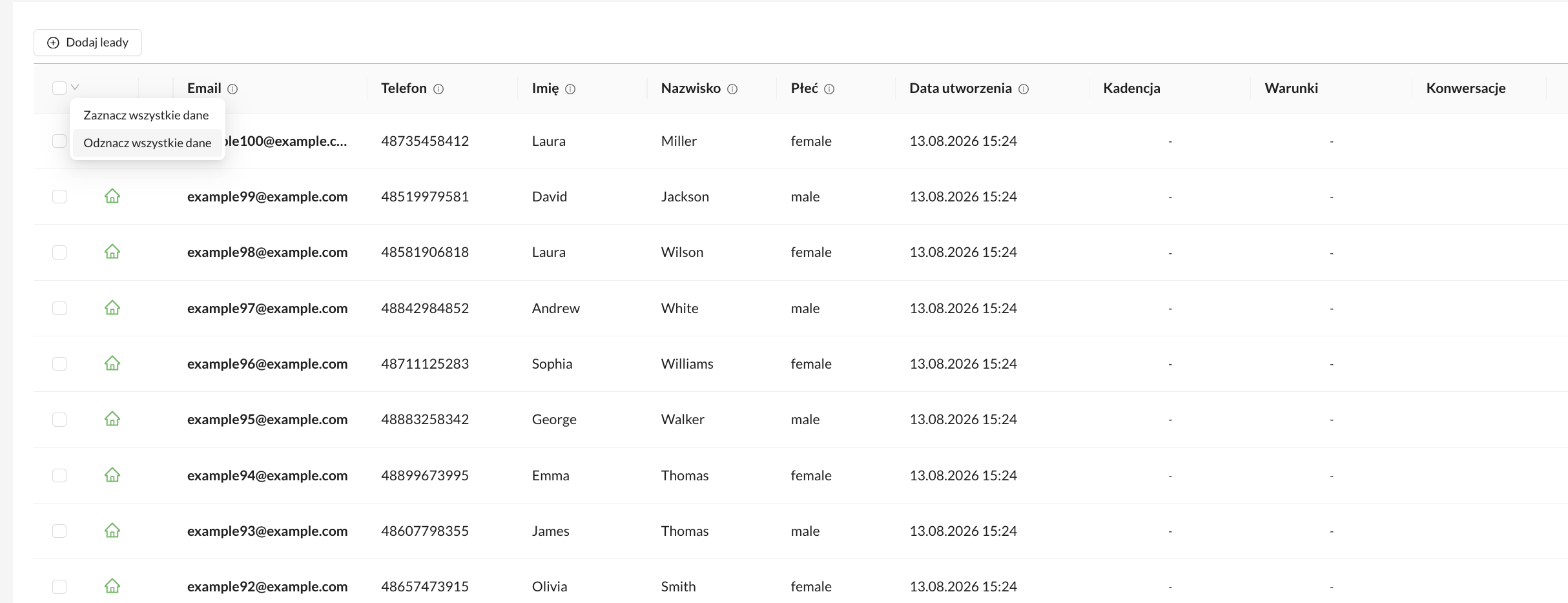 Lista leadów po użyciu opcji Odznacz wszystkie dane