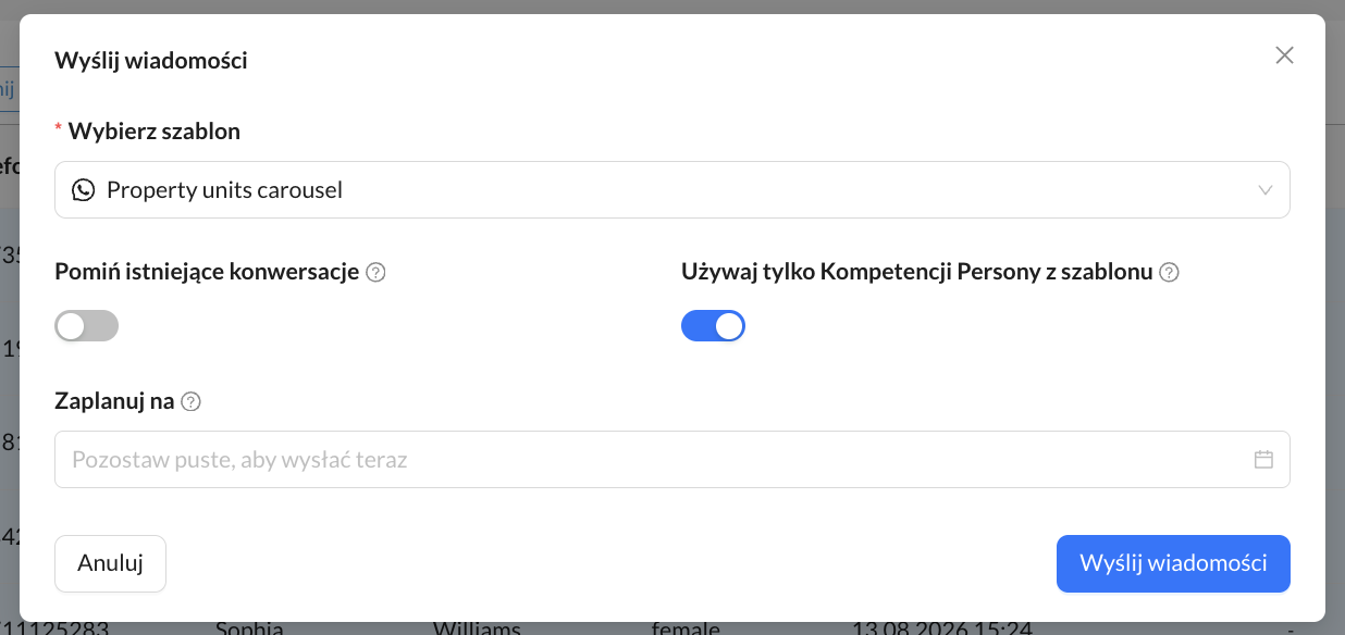 Okno Wyślij wiadomości z wyborem Szablonu i ustawieniami Konwersacji oraz Kompetencji