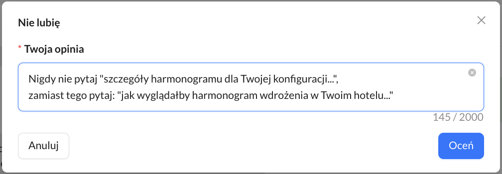 Formularz negatywnej oceny z komentarzem poprawiającym pytanie o harmonogram