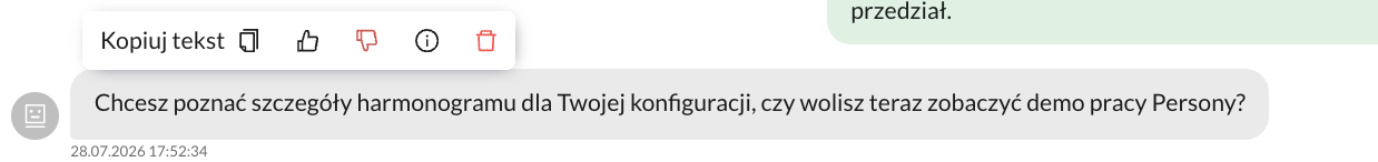 Wiadomość Persony o harmonogramie z zaznaczonym kciukiem w dół