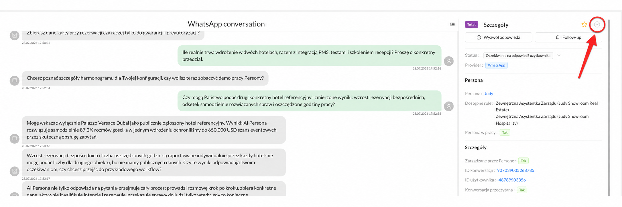 Widok rozmowy WhatsApp z panelem Szczegóły i czerwonym oznaczeniem wskazującym znacznik przeglądu obok gwiazdki