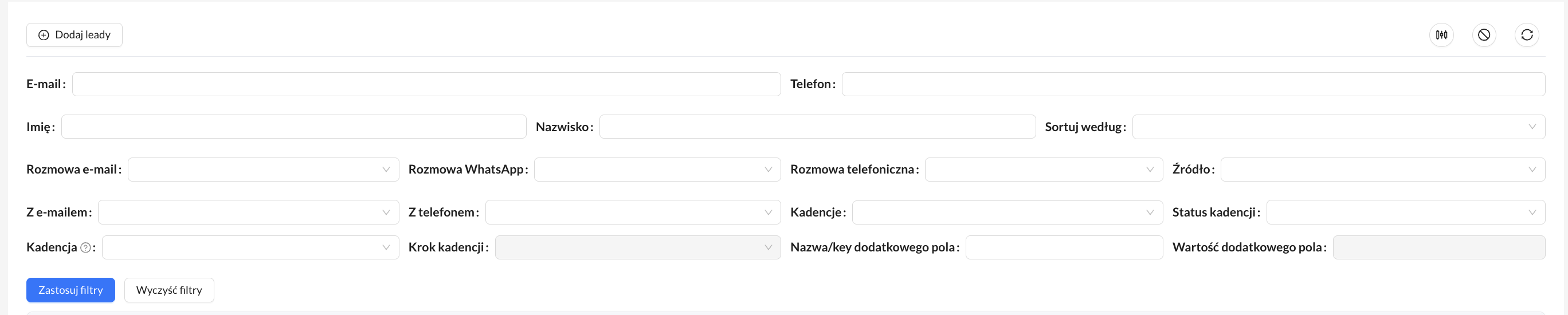 Filtry nad listą leadów w grupie